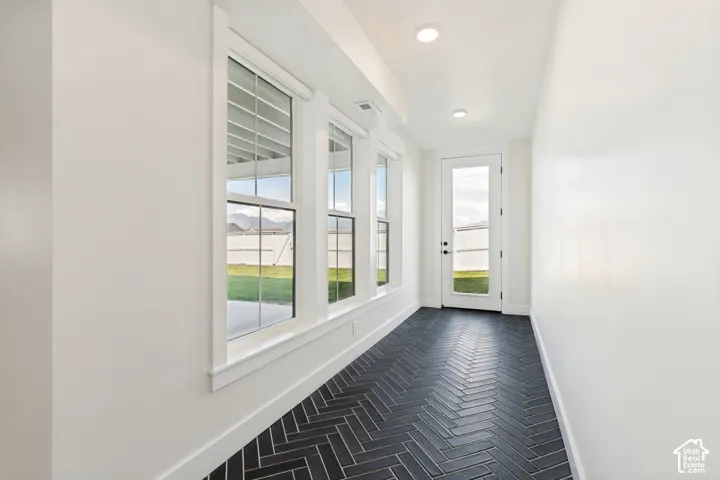 Basement entryway with large windows, a glass-paneled door, and dark herringbone tile flooring