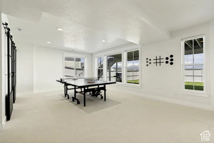Spacious room featuring light-toned carpeting, multiple large windows, recessed ceiling lighting, and black framed barn doors