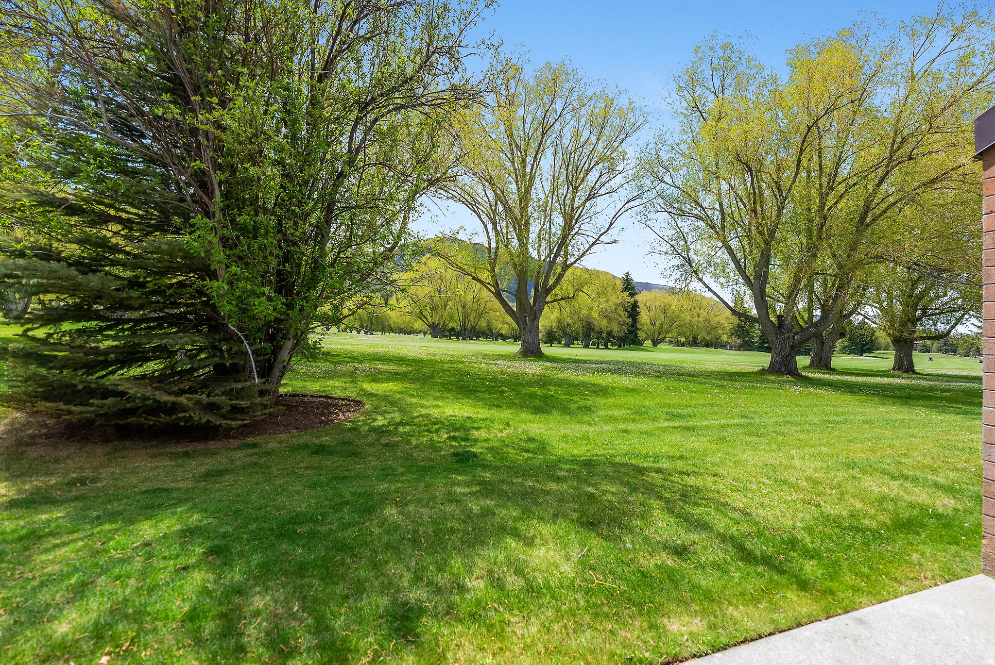 Expansive green lawn with mature trees and a brick architectural element