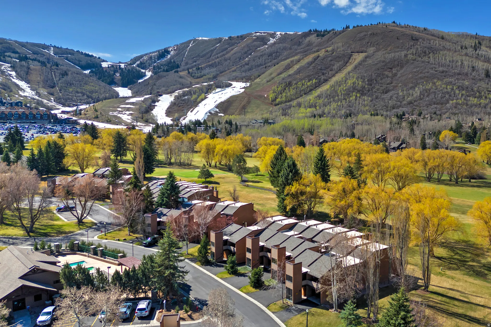 Aerial perspective showcasing a community of multi-level properties with dark roofs, surrounded by mature trees and manicured green spaces