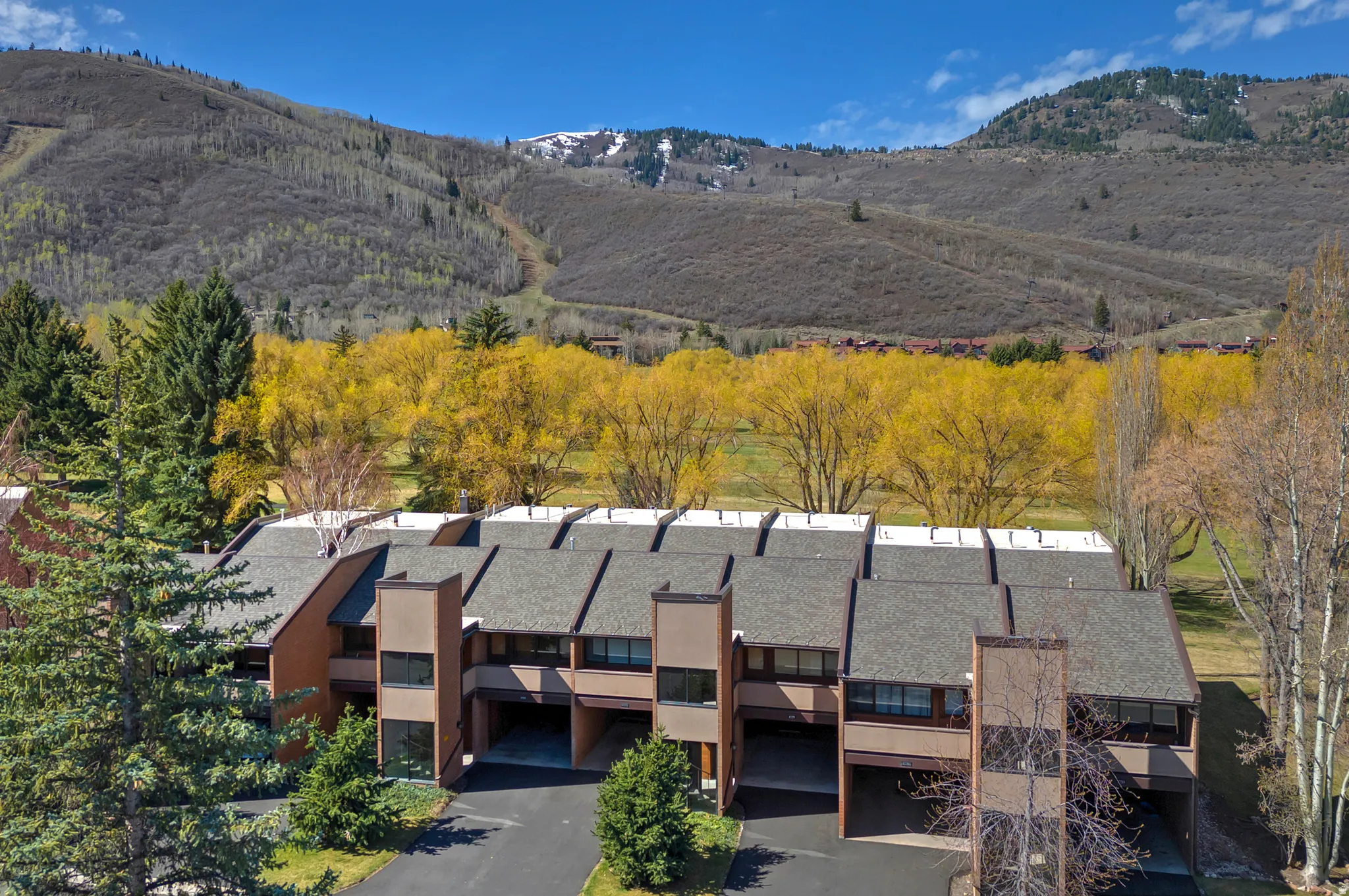 Multi-level townhomes with brown siding and dark gray shingle roofs