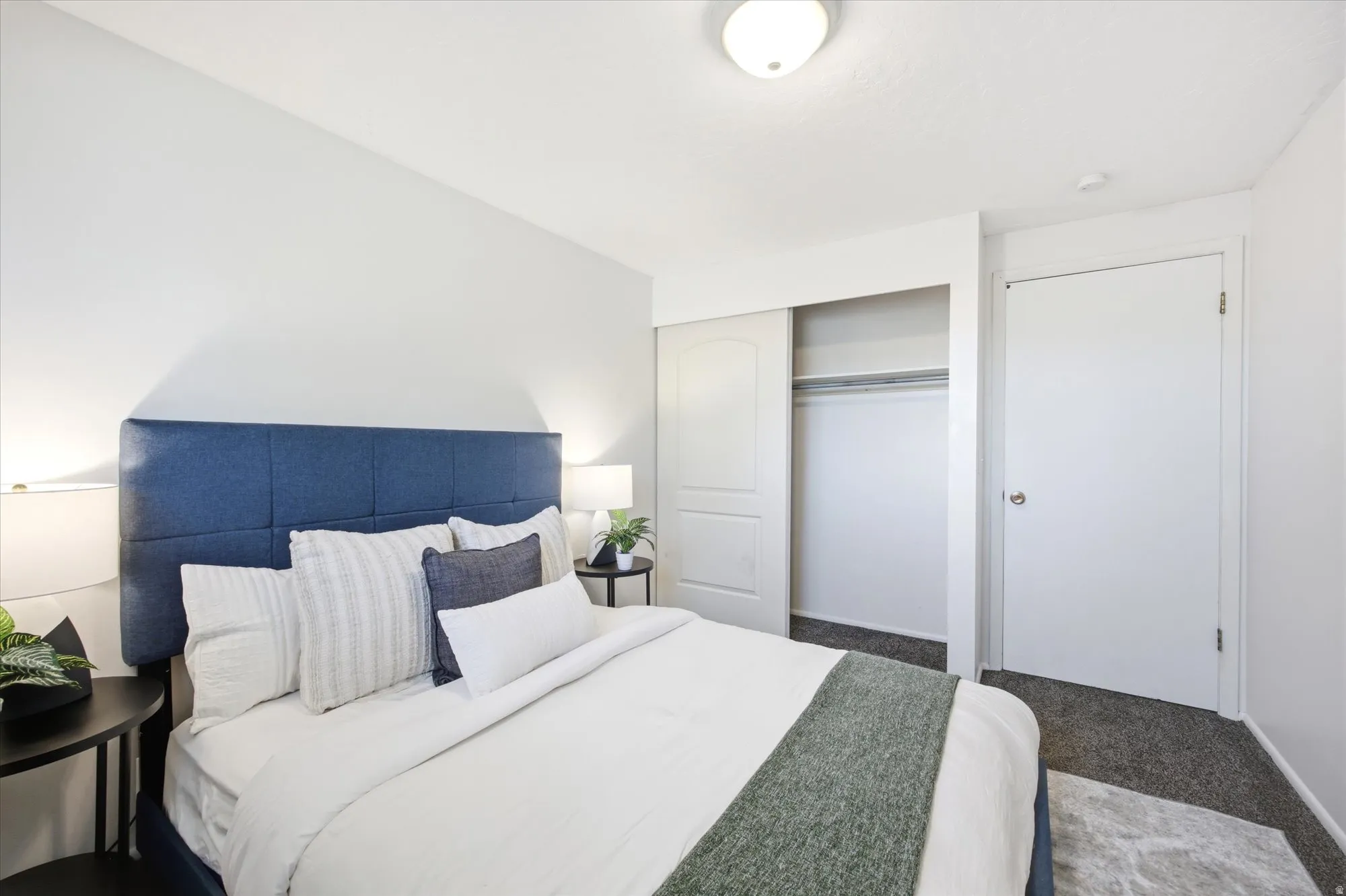 Bedroom featuring light gray wall paint, dark gray carpeting, a built-in closet with sliding doors, a ceiling-mounted light fixture, and a white interior door