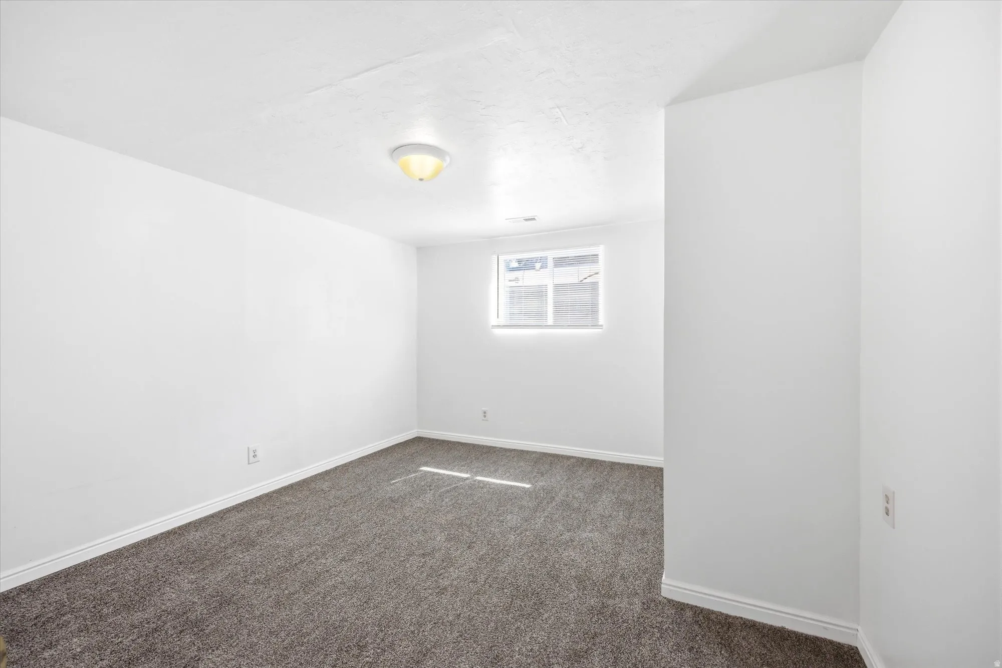 Spacious basement bedroom featuring neutral gray carpeting and white baseboards