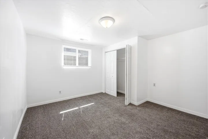 Carpeted basement bedroom with a ceiling-mounted light fixture, a window with blinds, and a bi-fold closet
