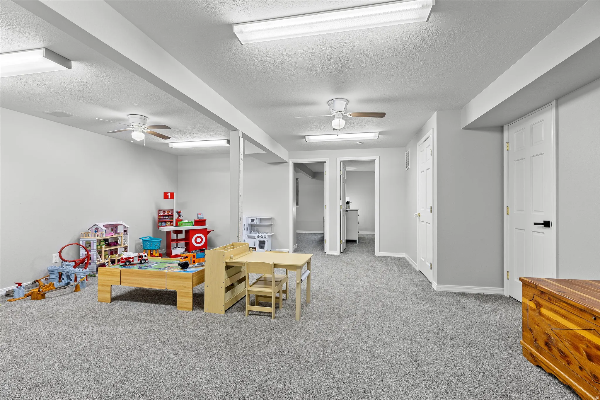Basement Recreation Room — Wide View. Spacious carpeted room featuring light gray walls, white trim, and recessed lighting