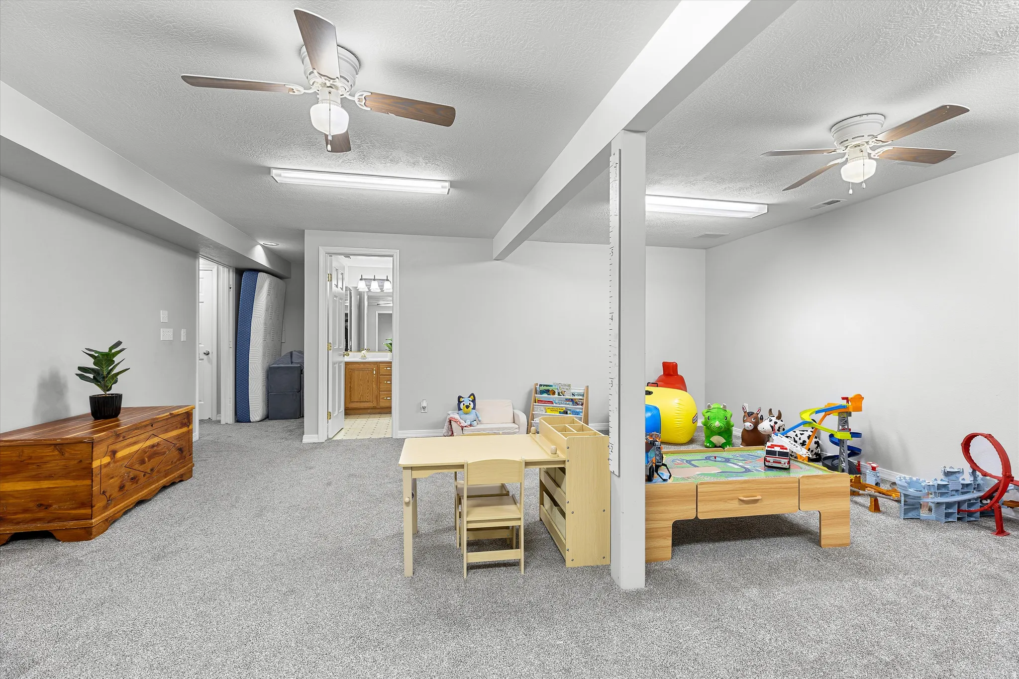 Spacious Basement Recreation Room. Spacious finished basement featuring light gray carpeting, ceiling fans with integrated lighting, and recessed fluorescent lighting