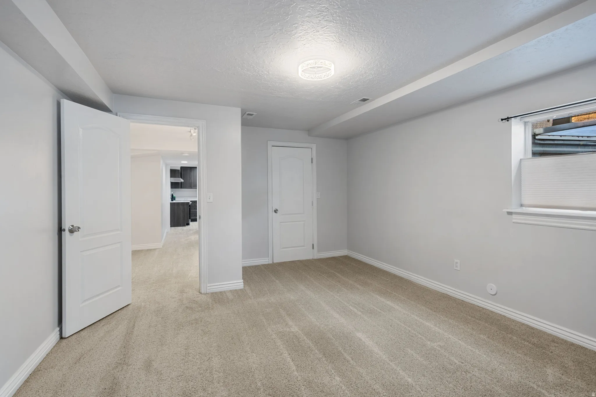 Carpeted room with a ceiling-mounted light fixture, white trim, and a window with blinds