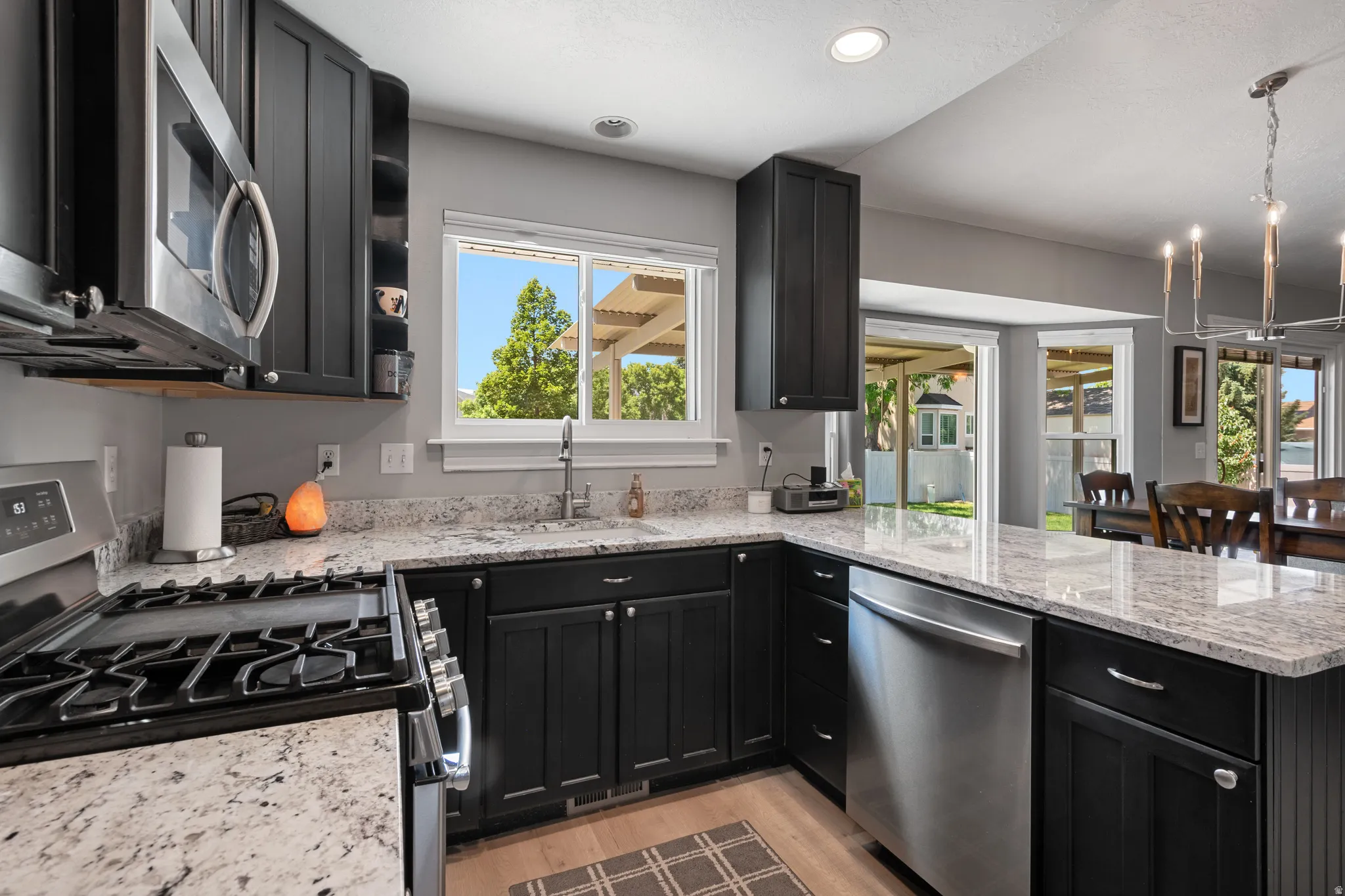 Kitchen featuring dark shaker-style cabinetry, light granite countertops, and stainless steel appliances including a microwave and dishwasher
