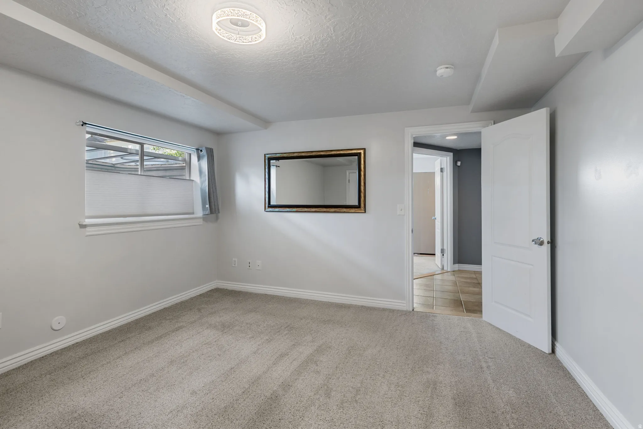 Carpeted room featuring light gray walls, a flush-mount ceiling light fixture, and a window with blinds
