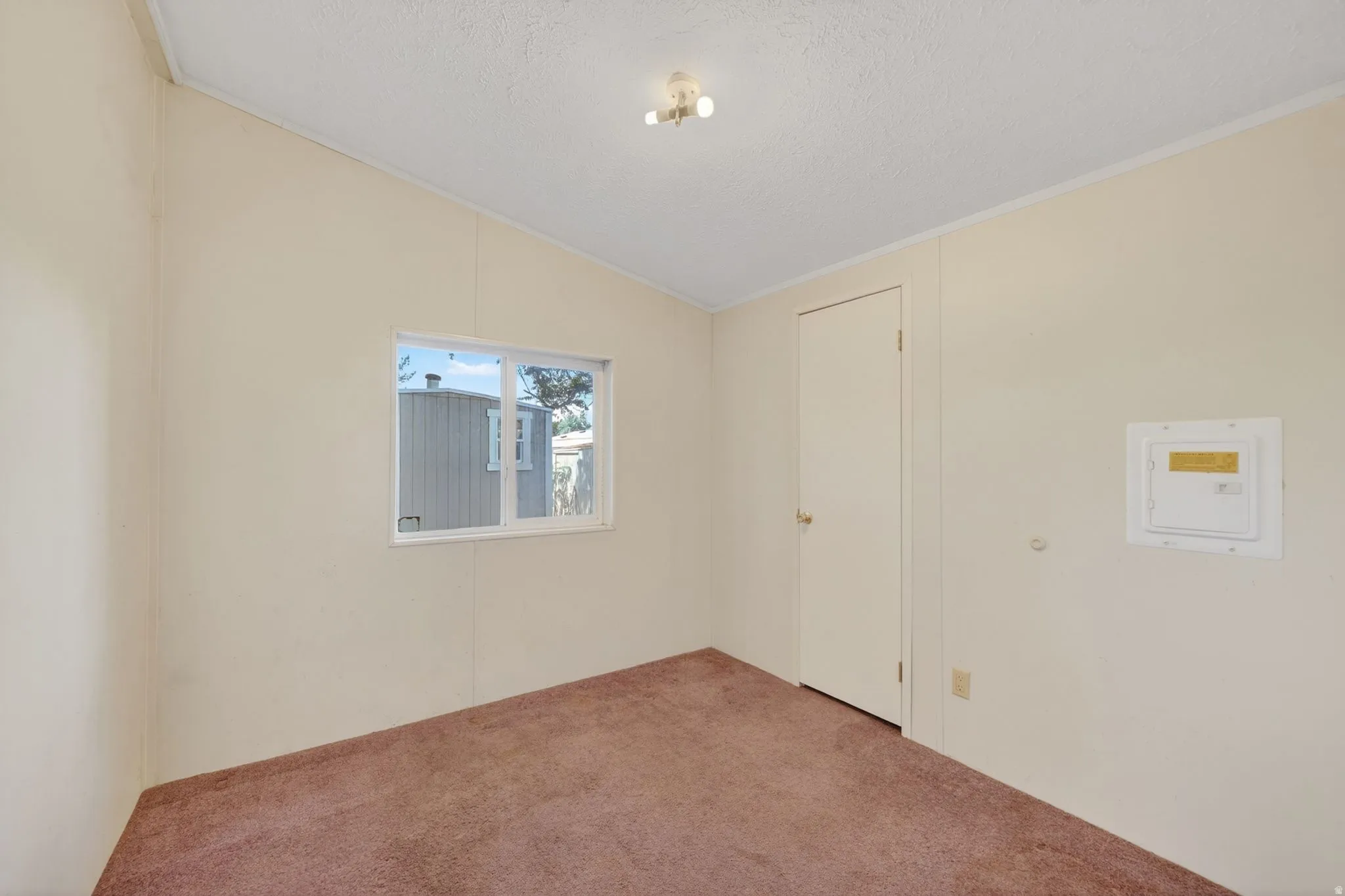 Room with a window, single door, and brown carpet flooring