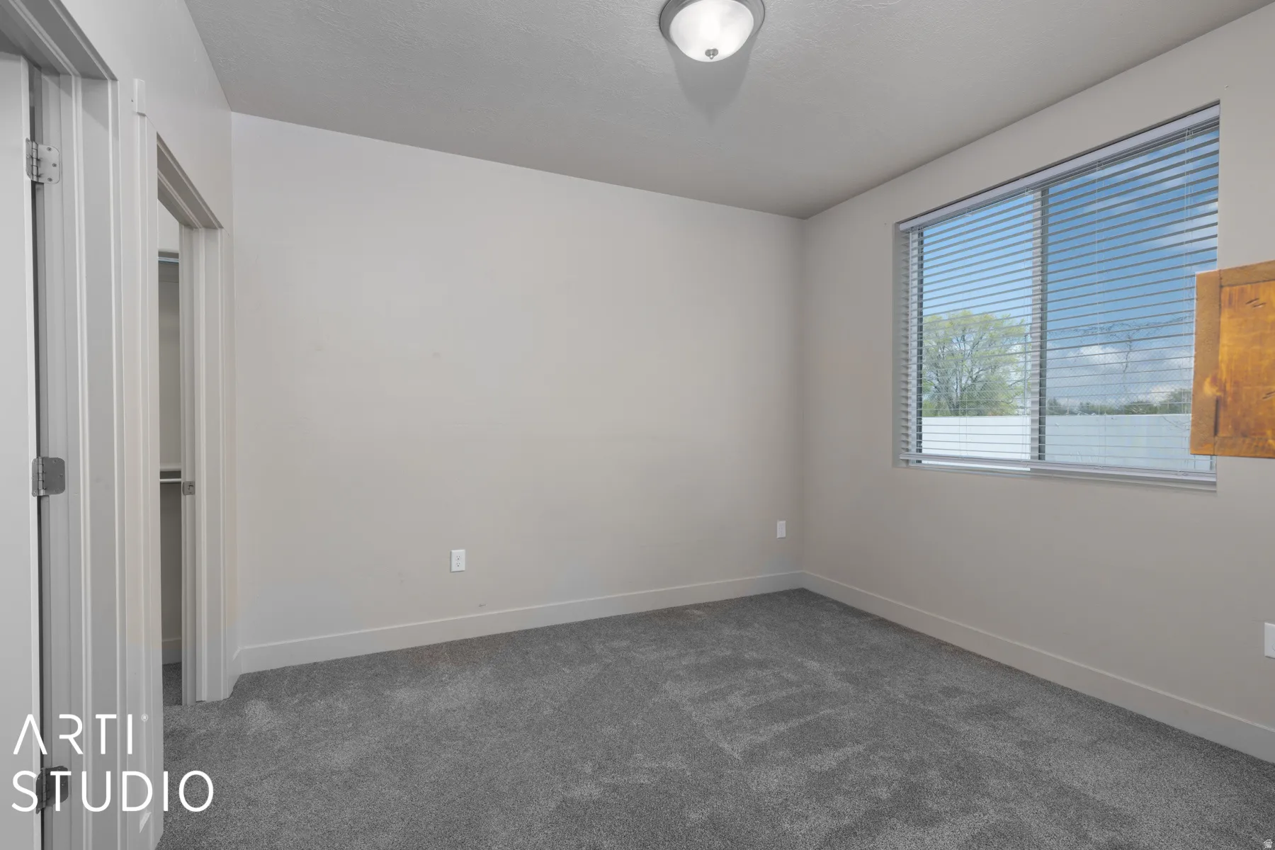 Room featuring neutral wall tones, gray plush carpeting, a large window with horizontal blinds, and a flush mount ceiling light fixture