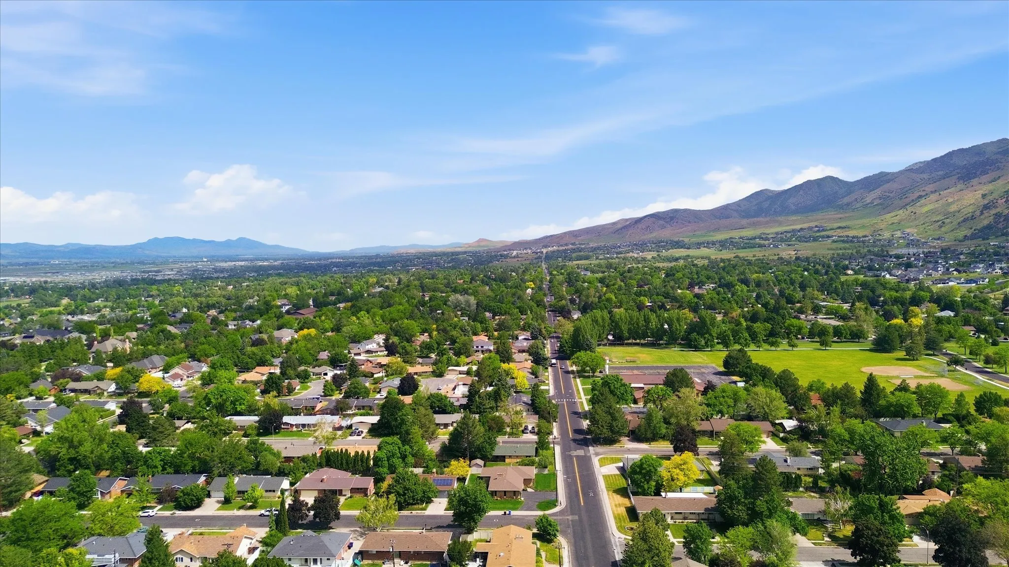 Expansive suburban landscape featuring established residential properties, abundant mature trees, and distant mountain ranges