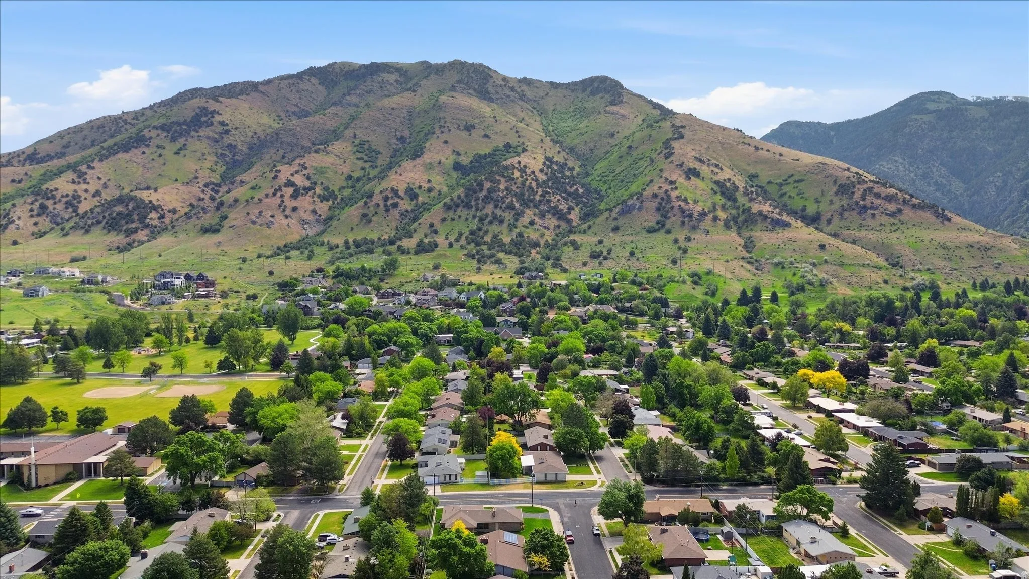 Expansive neighborhood setting featuring a mountainous backdrop, mature trees, and residential streets