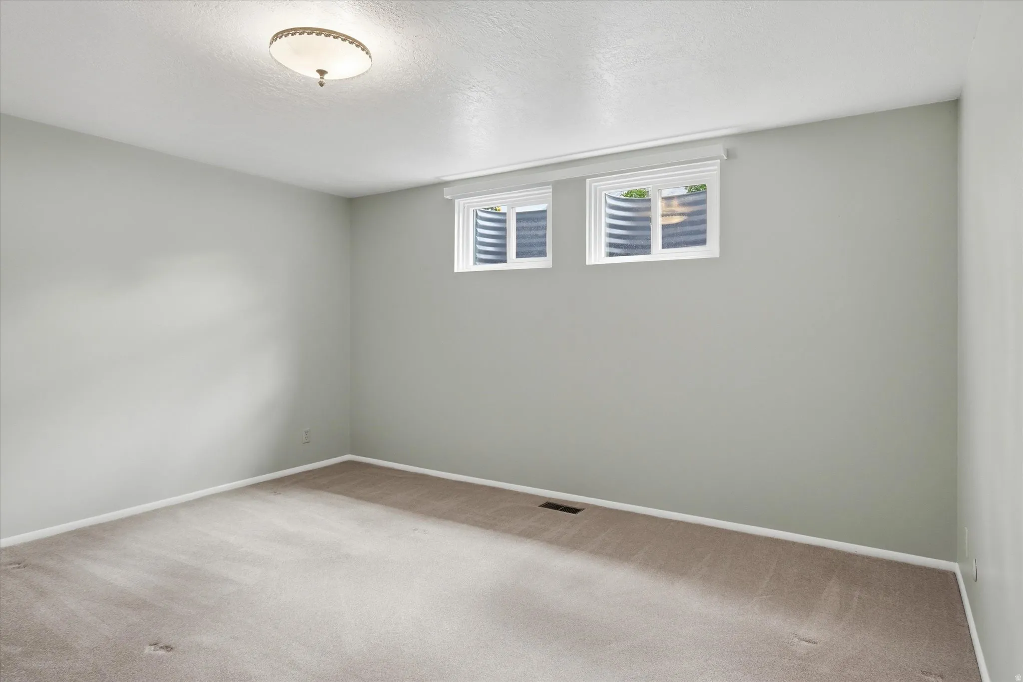 Carpeted room featuring light gray walls, two windows with window wells, white trim, and a ceiling-mounted light fixture