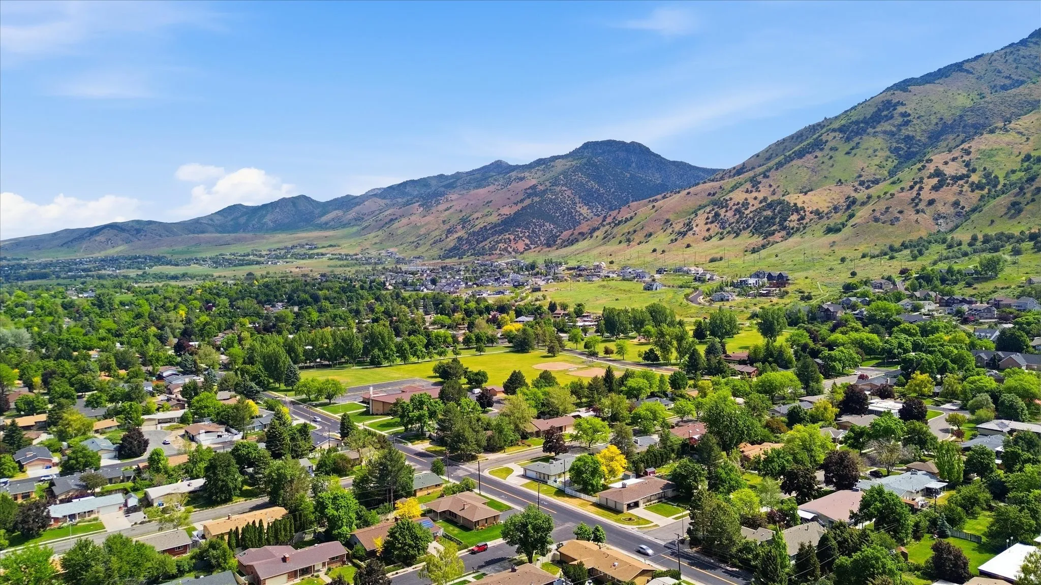 Aerial perspective showcasing a residential area with mature trees and mountain backdrop