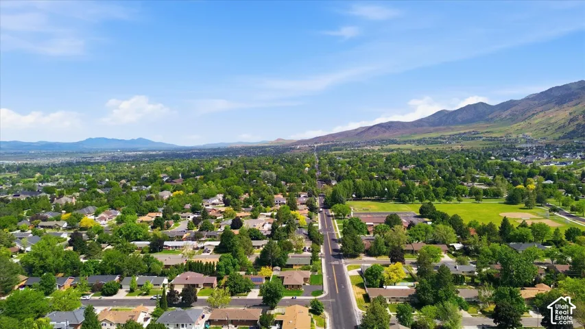Expansive suburban landscape featuring established residential properties, abundant mature trees, and distant mountain ranges