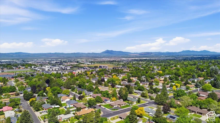 Aerial perspective showcasing a residential area with mature tree canopies, various home styles, and a mountain range in the distance under a blue sky