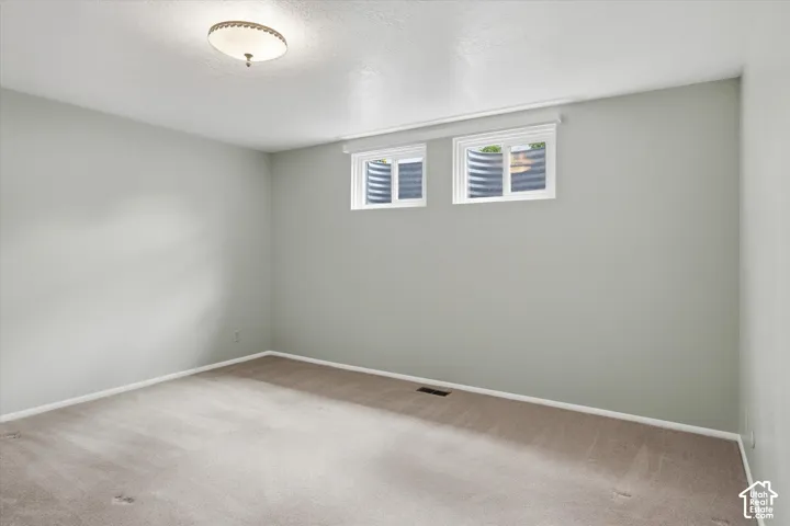 Carpeted room featuring light gray walls, two windows with window wells, white trim, and a ceiling-mounted light fixture