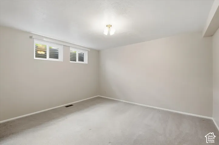 Carpeted room with neutral-toned walls, two basement windows, and a ceiling-mounted light fixture