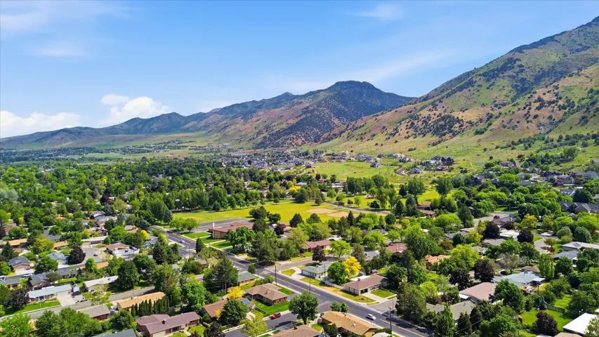 Aerial perspective showcasing a residential area with mature trees and mountain backdrop