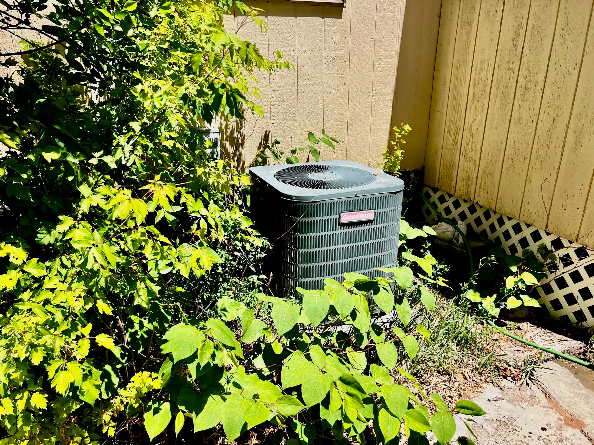 Outdoor HVAC unit positioned against a textured exterior wall with lush green foliage