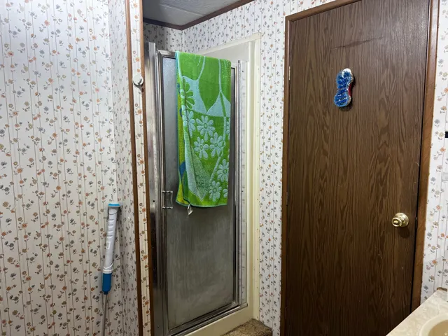 Shower enclosure with frosted glass panels and chrome framing