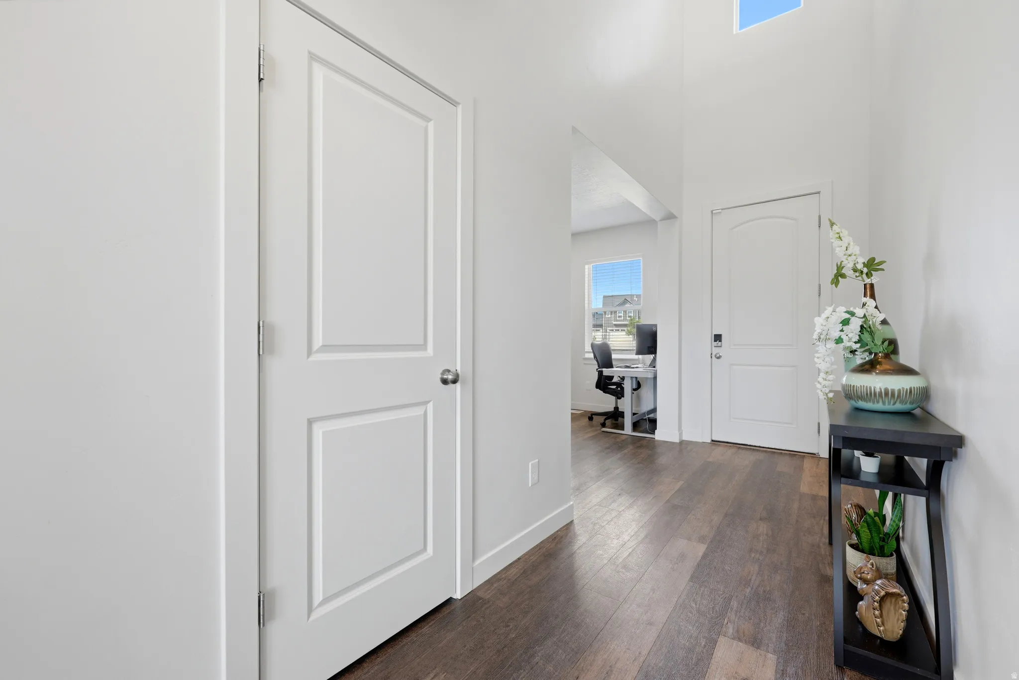 Foyer featuring wood-finish flooring, white paneled doors, and high ceilings with upper windows