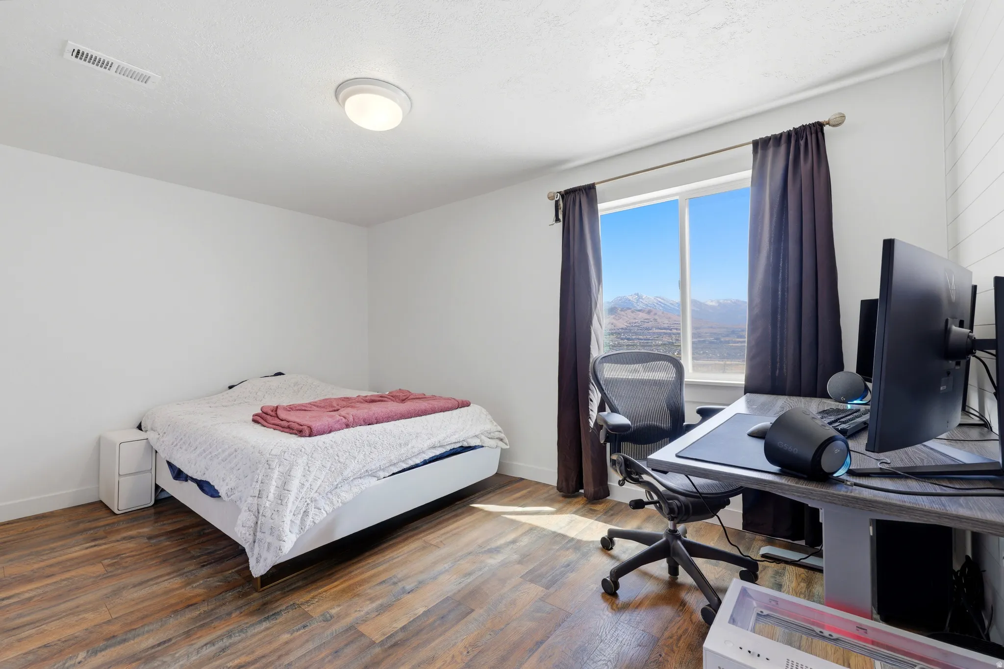 Room featuring rich wood-finish flooring and white painted walls
