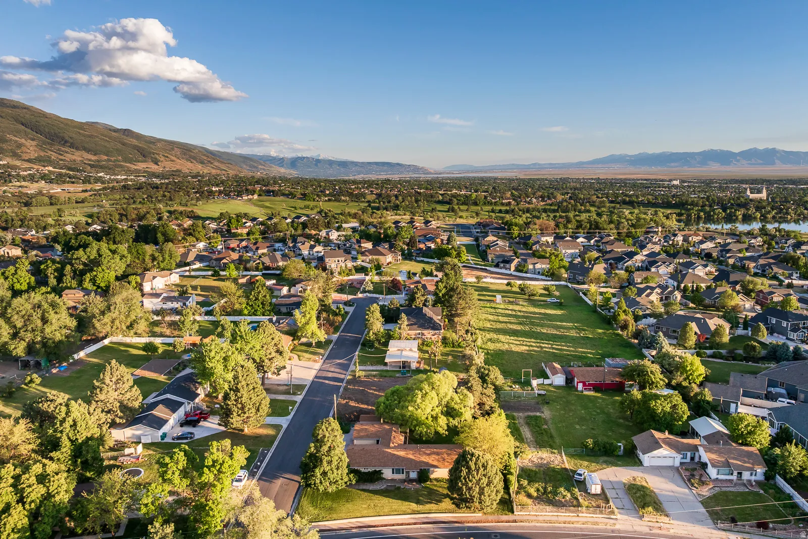 Expansive suburban landscape featuring a paved street, numerous residential properties, mature trees, and distant mountain ranges