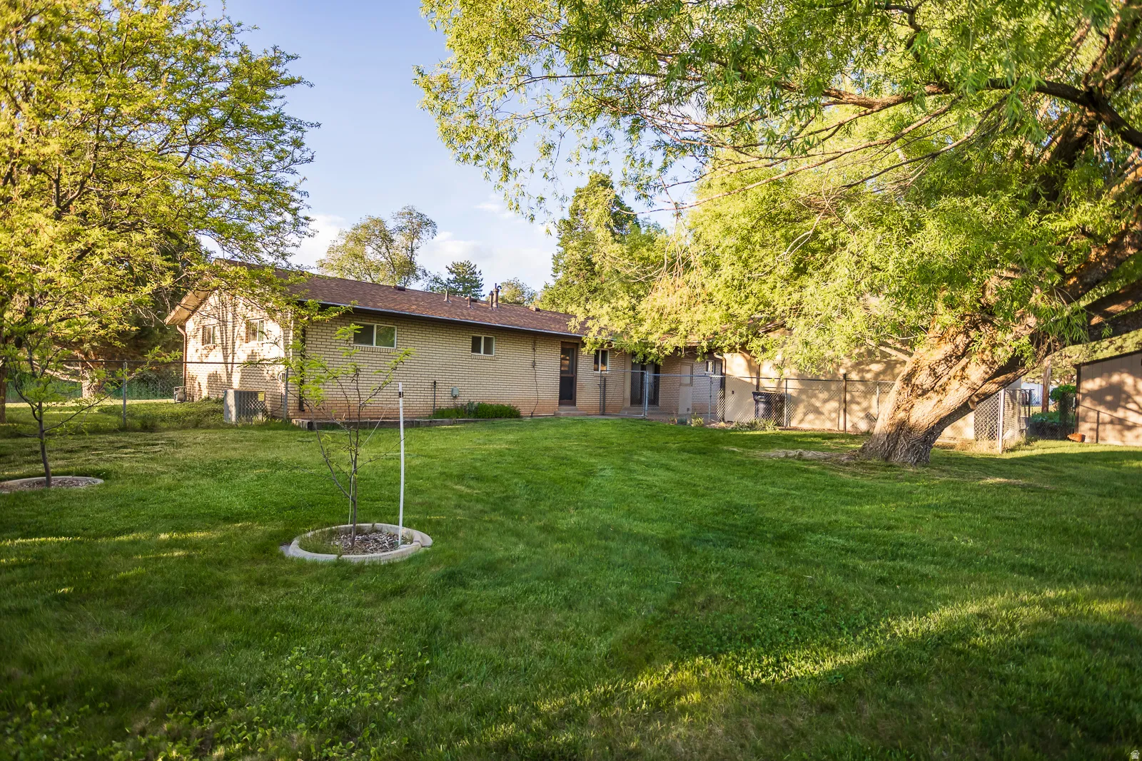 Expansive green lawn featuring mature trees and a brick-sided residence with multiple windows