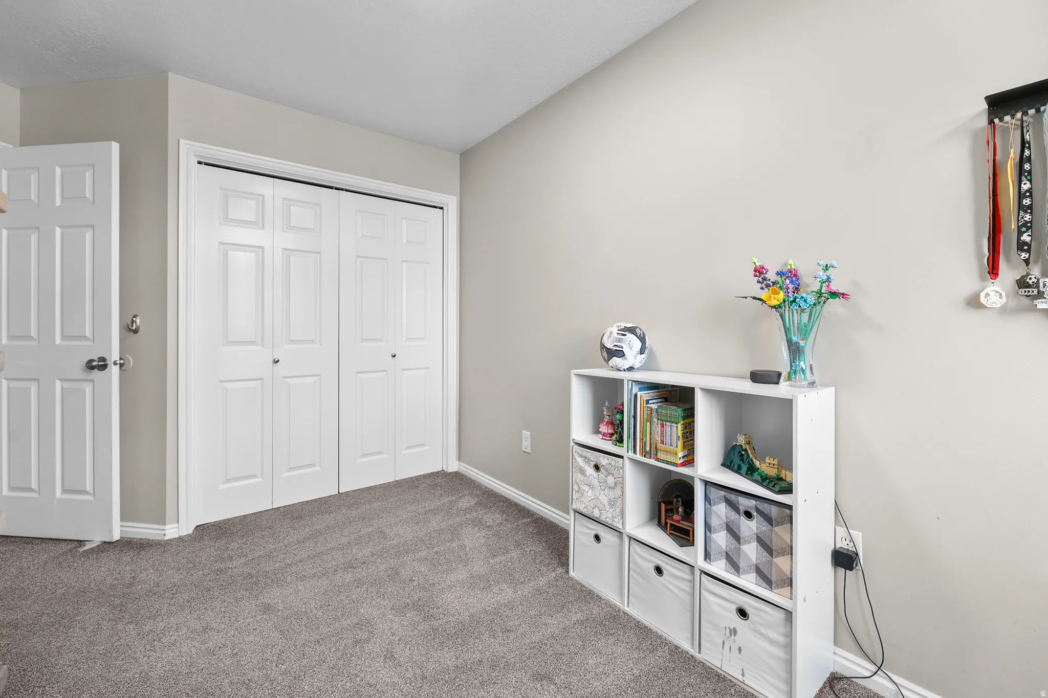 Neutral wall paint and grey carpeting define this room, featuring a white paneled door and double bifold closet doors