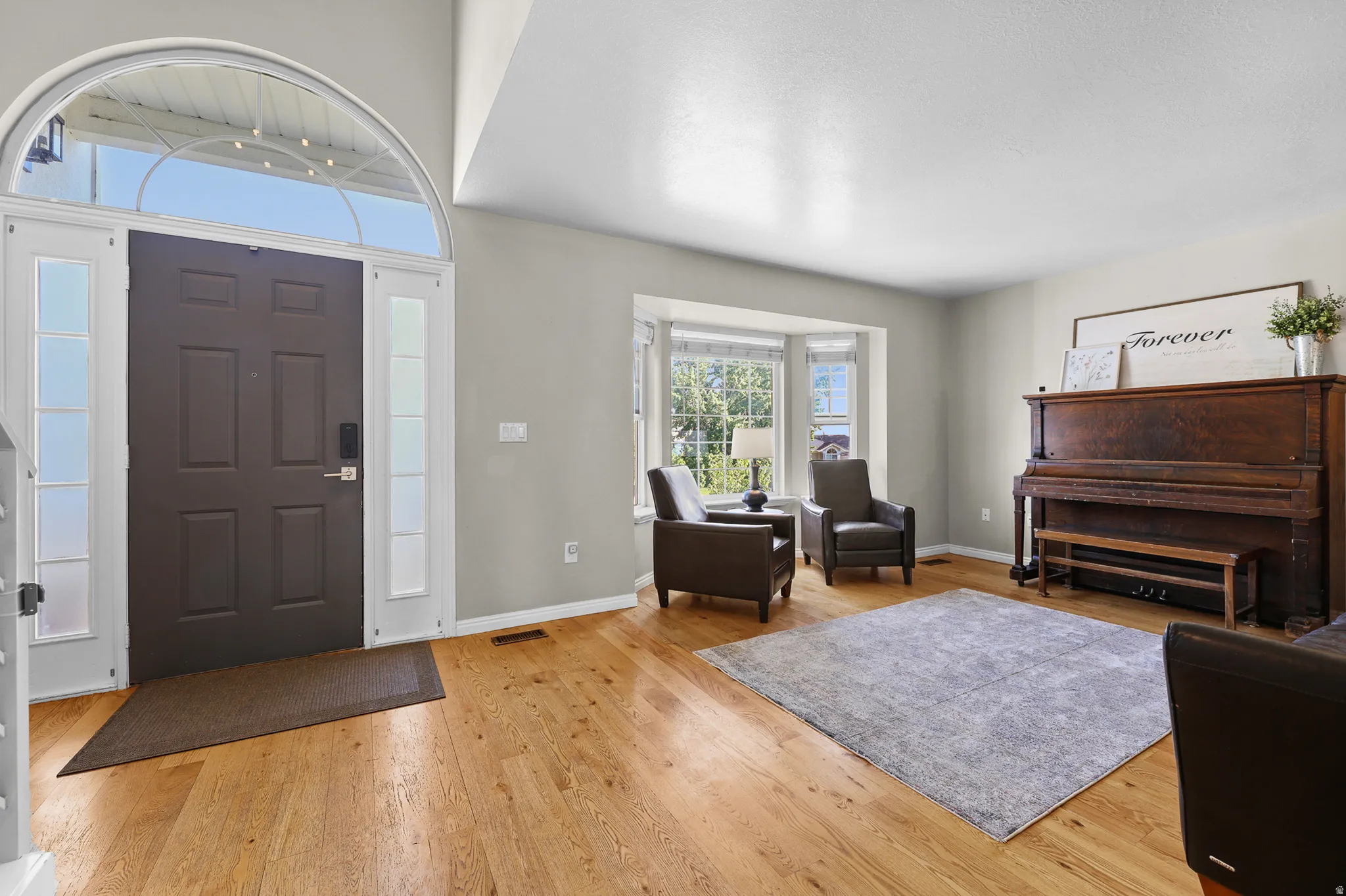 Entryway featuring a dark paneled door with frosted sidelights and an arched transom window