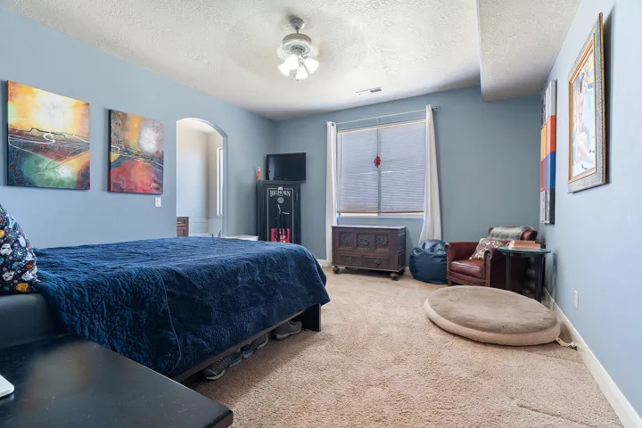 Carpeted room featuring light blue walls and an arched doorway
