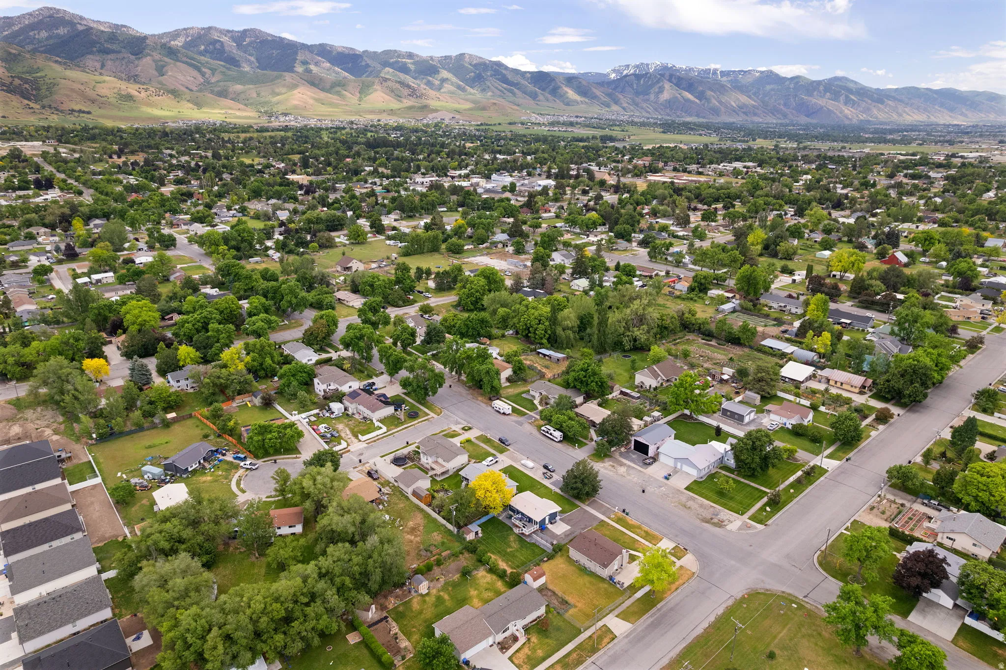 Aerial perspective showcasing a residential area with varied housing styles and mature tree coverage