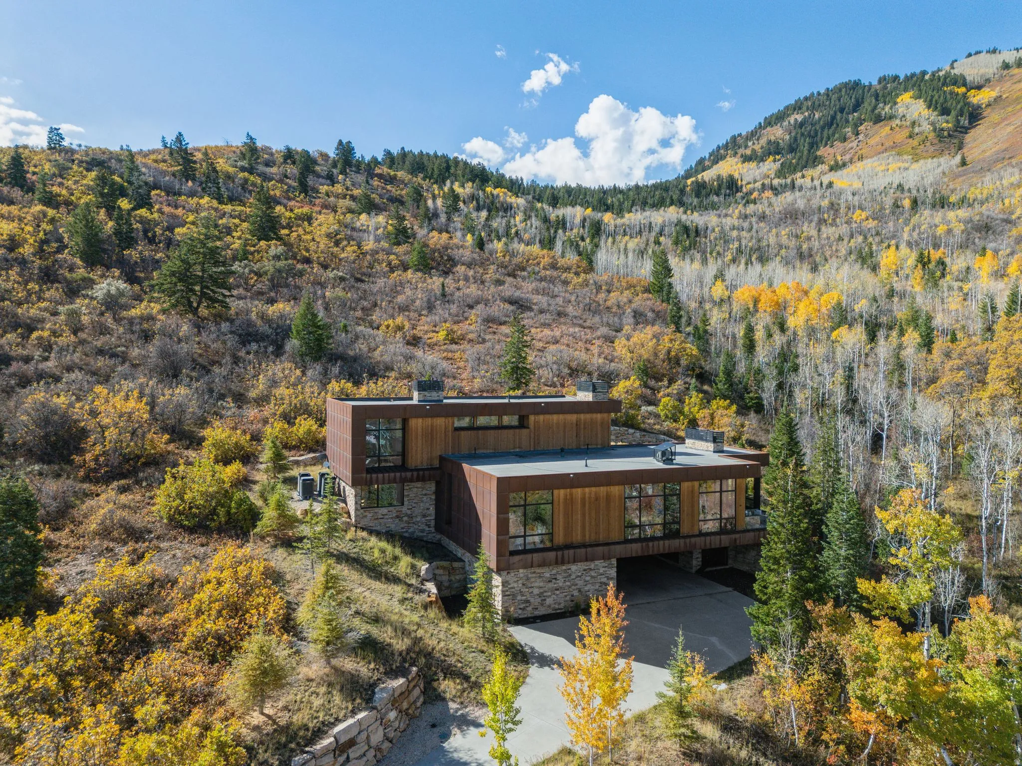 Aerial view of property and surrounding area with a heavily wooded area and mountains