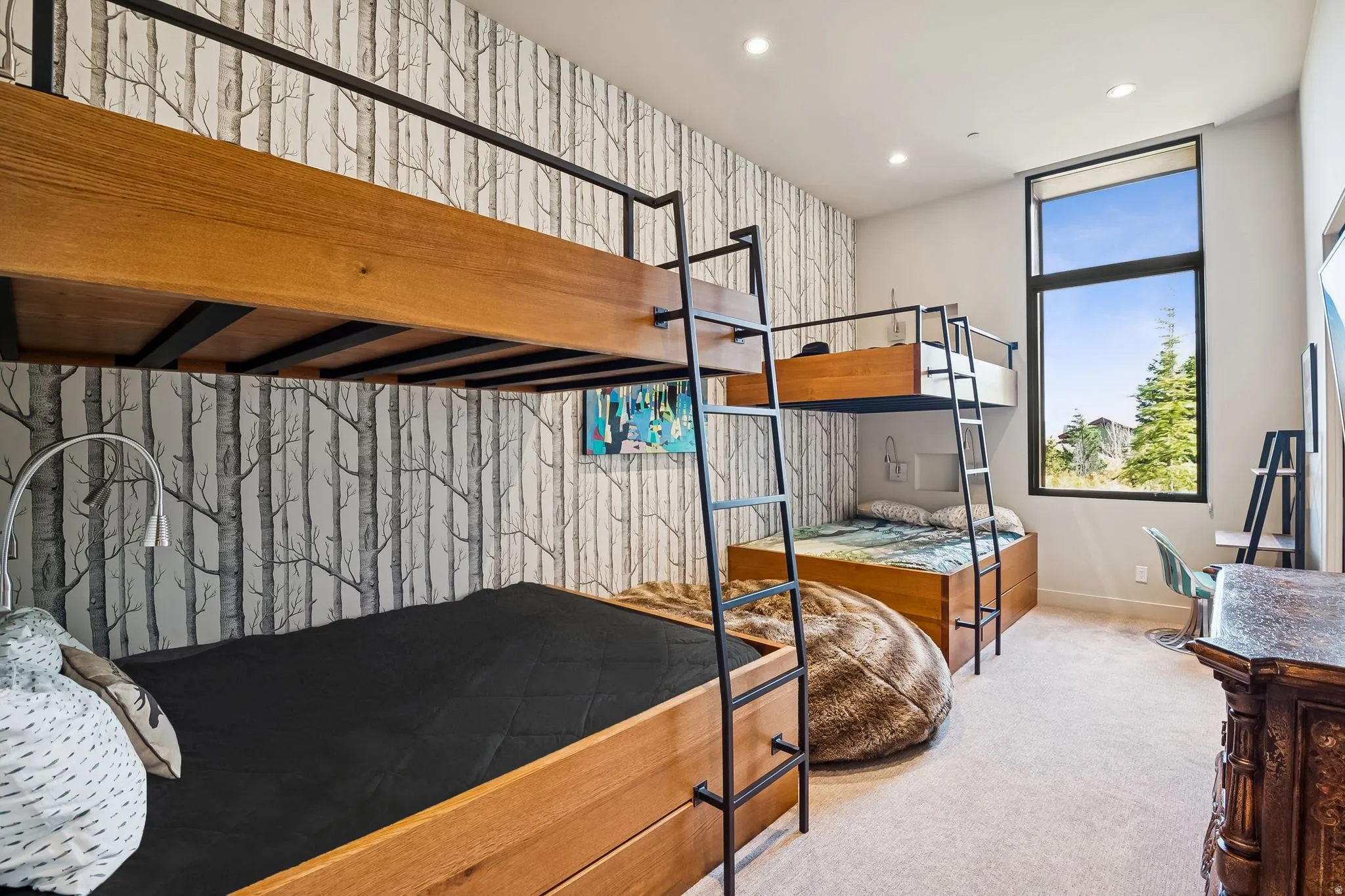 Bedroom with recessed lighting, carpet floors, and an accent wall