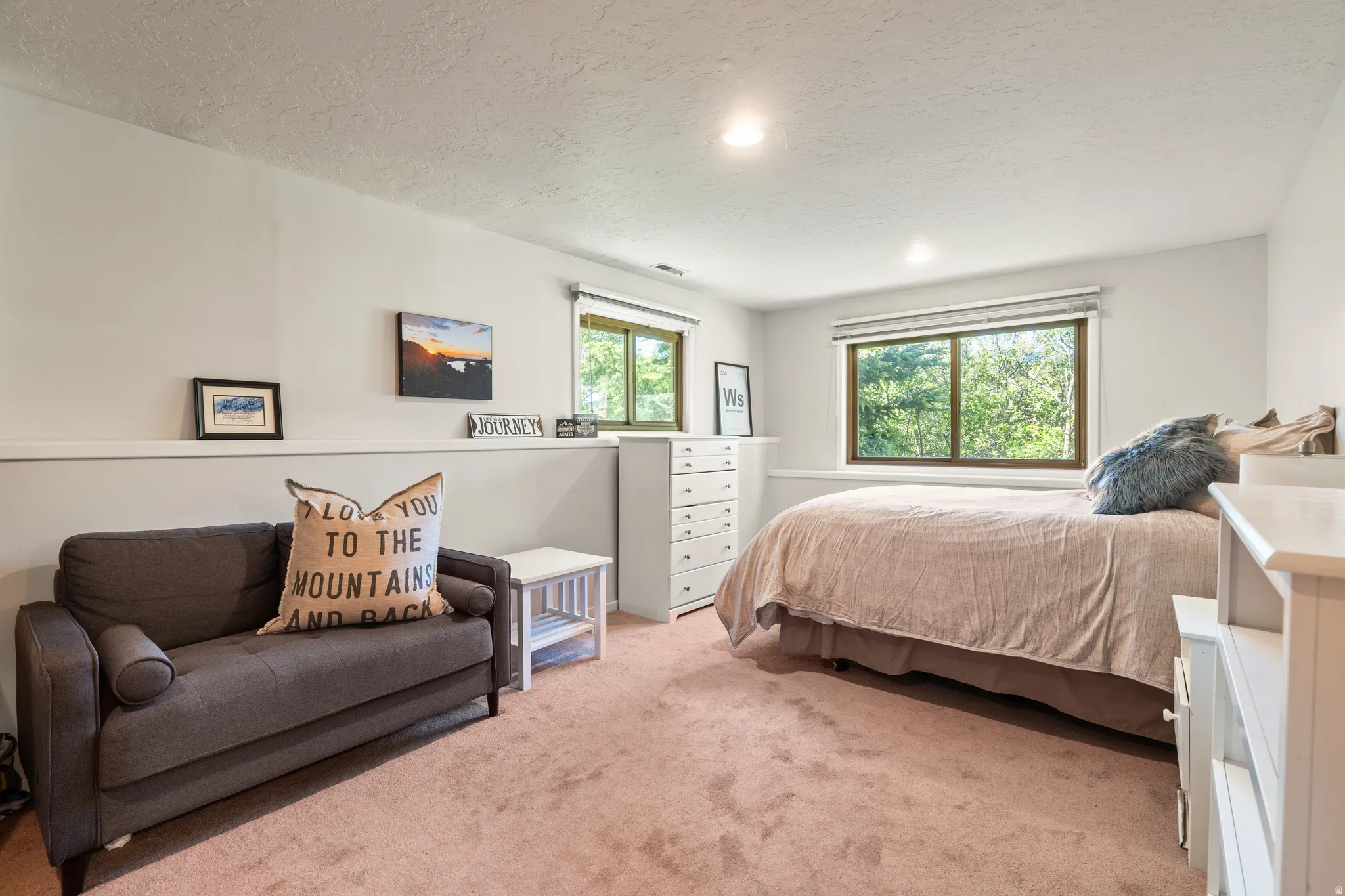 Carpeted room with recessed lighting and two windows