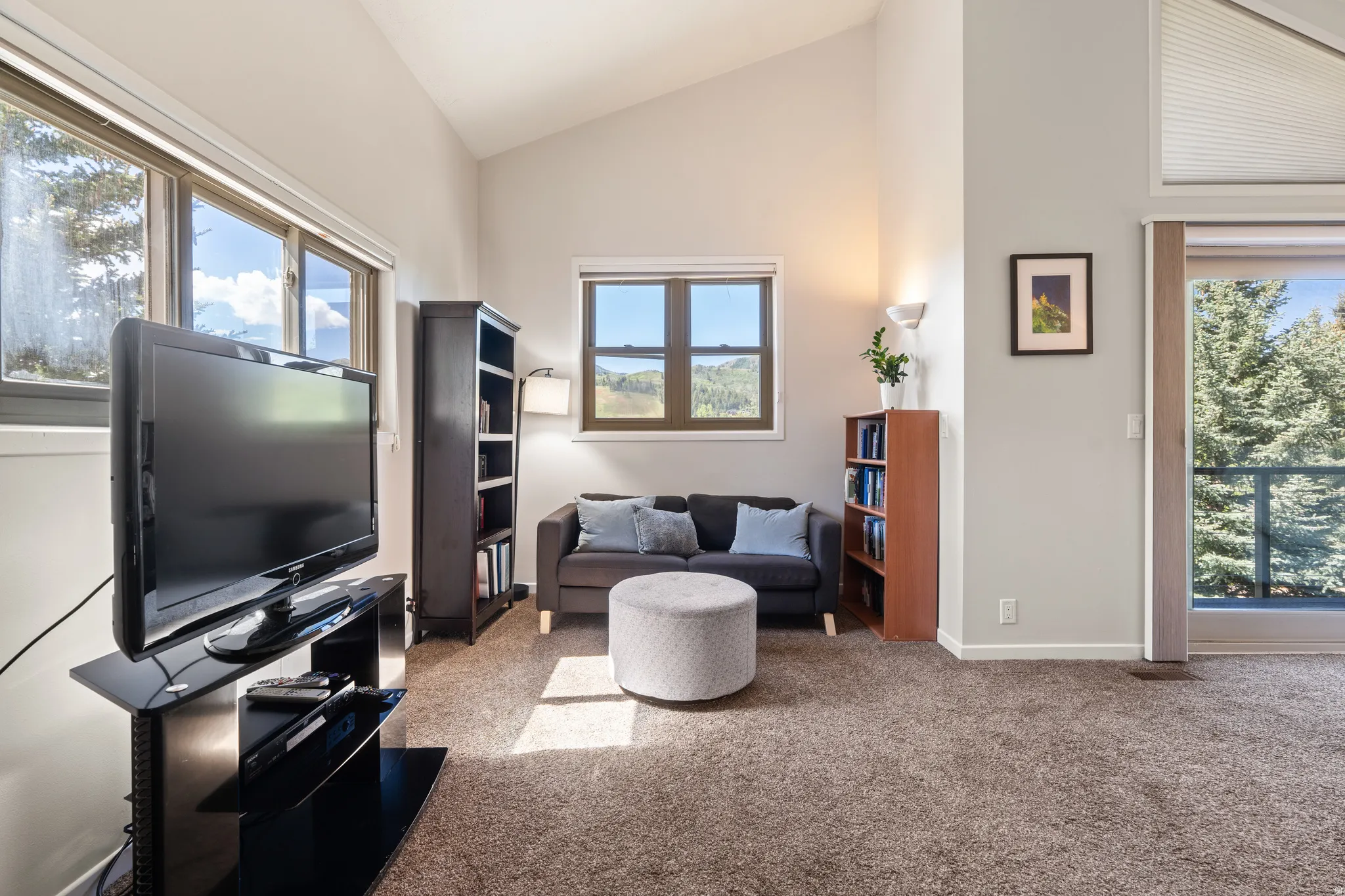 Living area featuring vaulted ceilings, light gray wall finishes, and carpet flooring