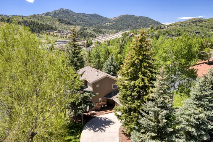Mountain backdrop with a residential property featuring a brown exterior, gabled roof, and prominent evergreen landscaping