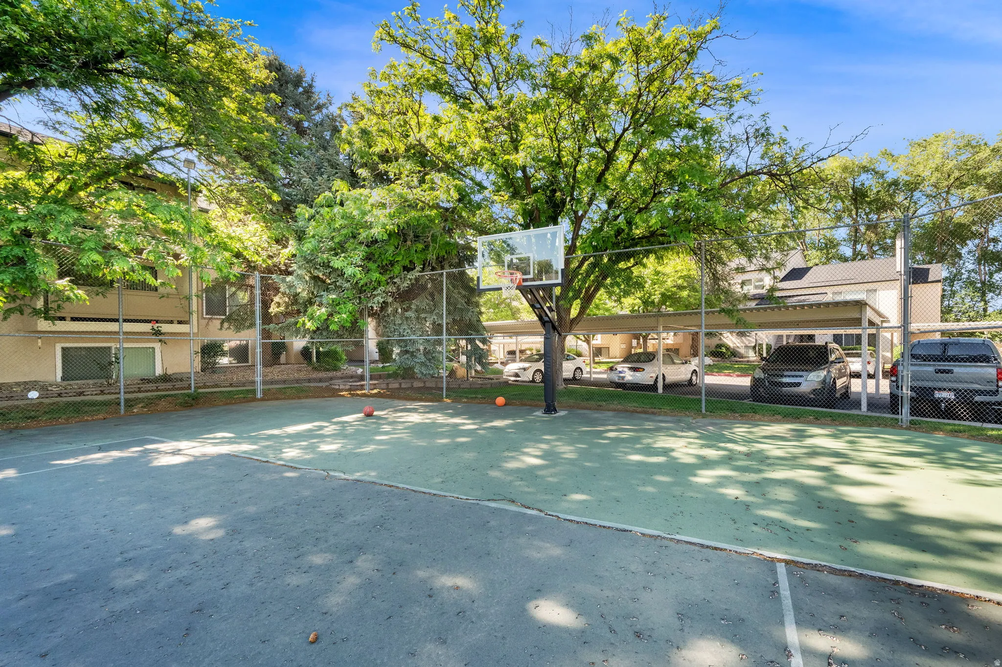 Dedicated recreation court featuring a basketball hoop