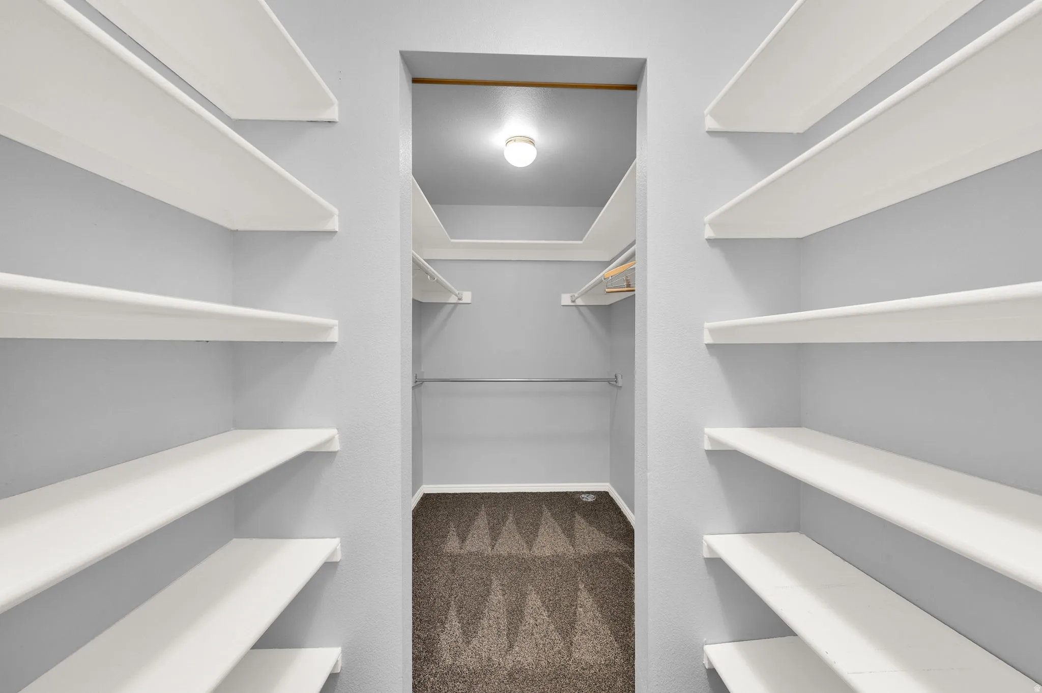 Walk-in closet featuring built-in shelving, hanging rods, recessed ceiling light, and patterned carpet flooring