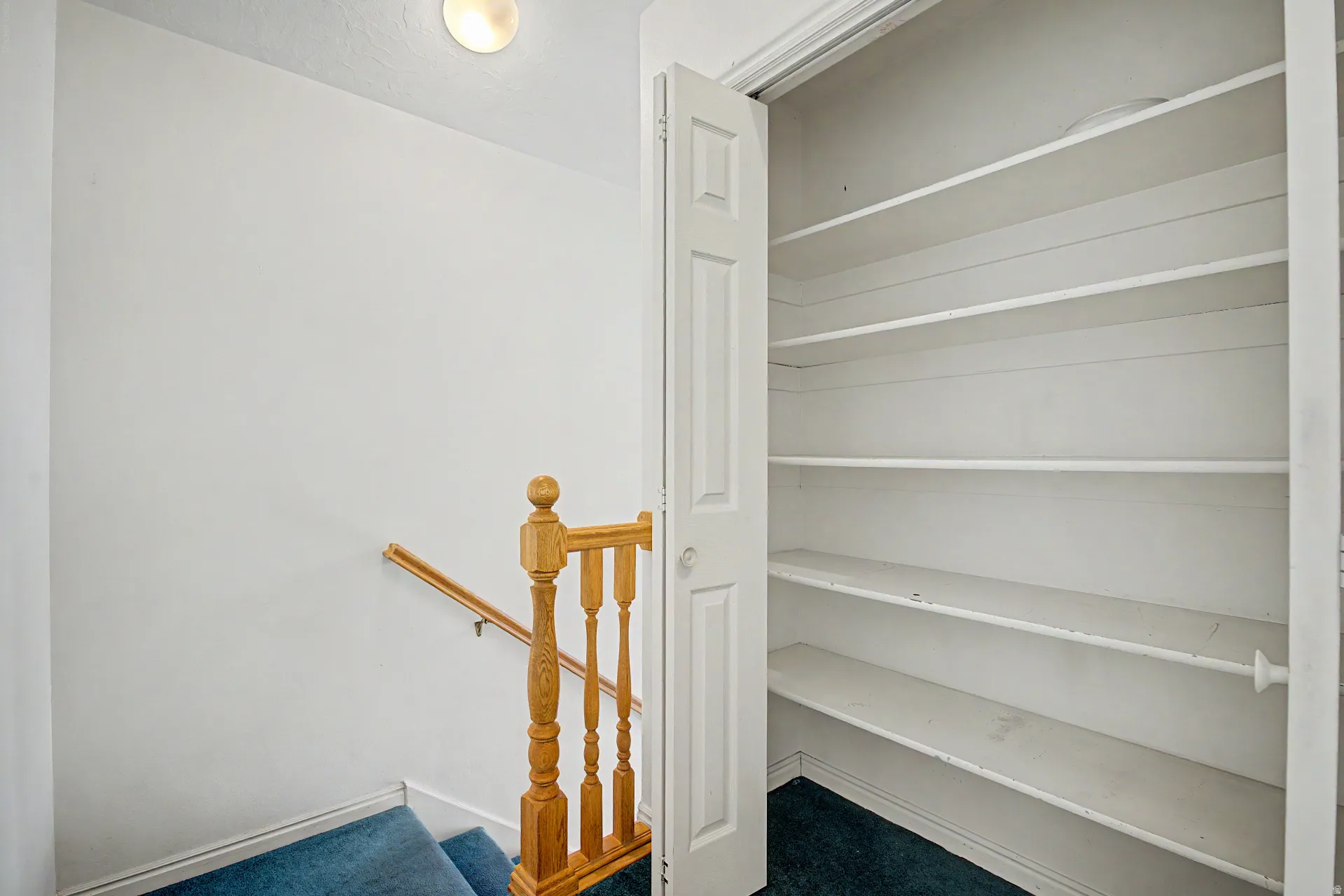Reach-in closet with multiple white storage shelves, bi-fold door, and blue carpet