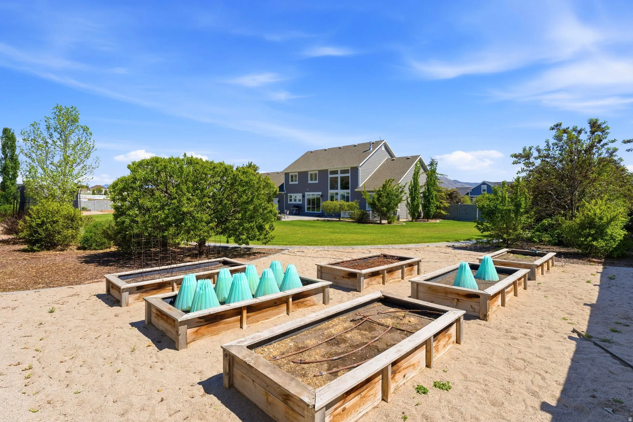 Backyard featuring multiple raised garden beds within a sand-covered area
