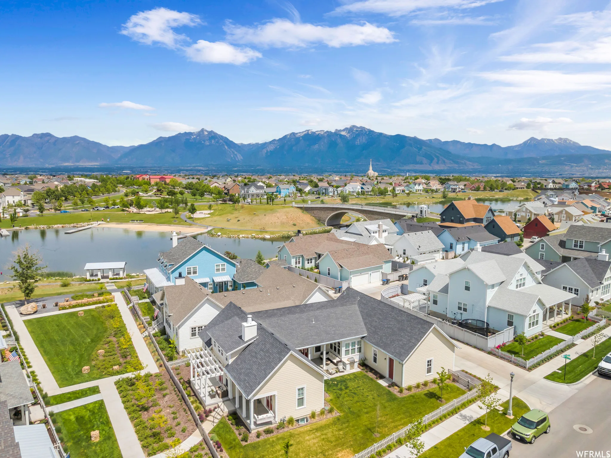 Aerial perspective showcasing a residential community with varied architectural styles
