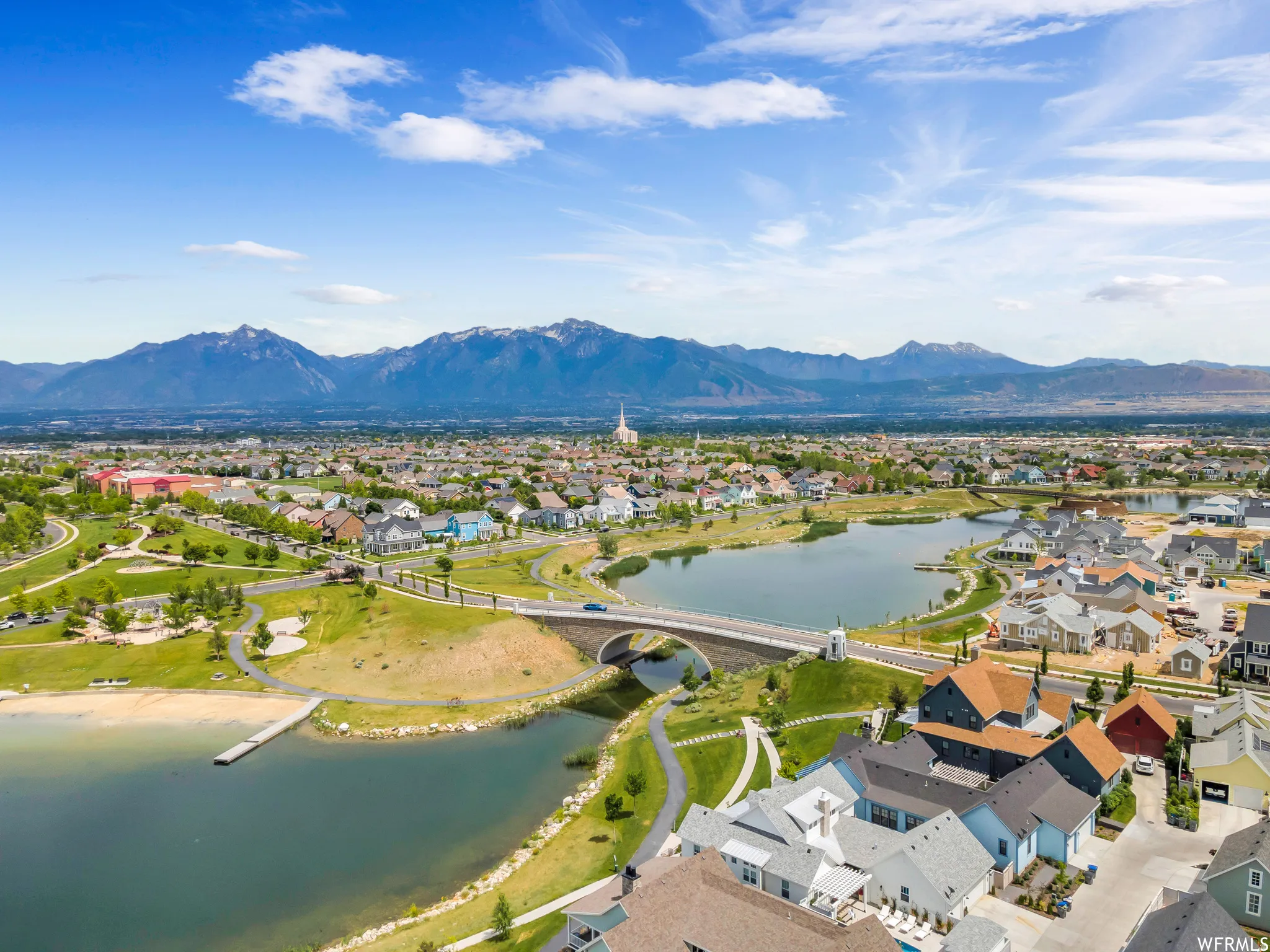 Expansive aerial landscape highlighting a lakefront community