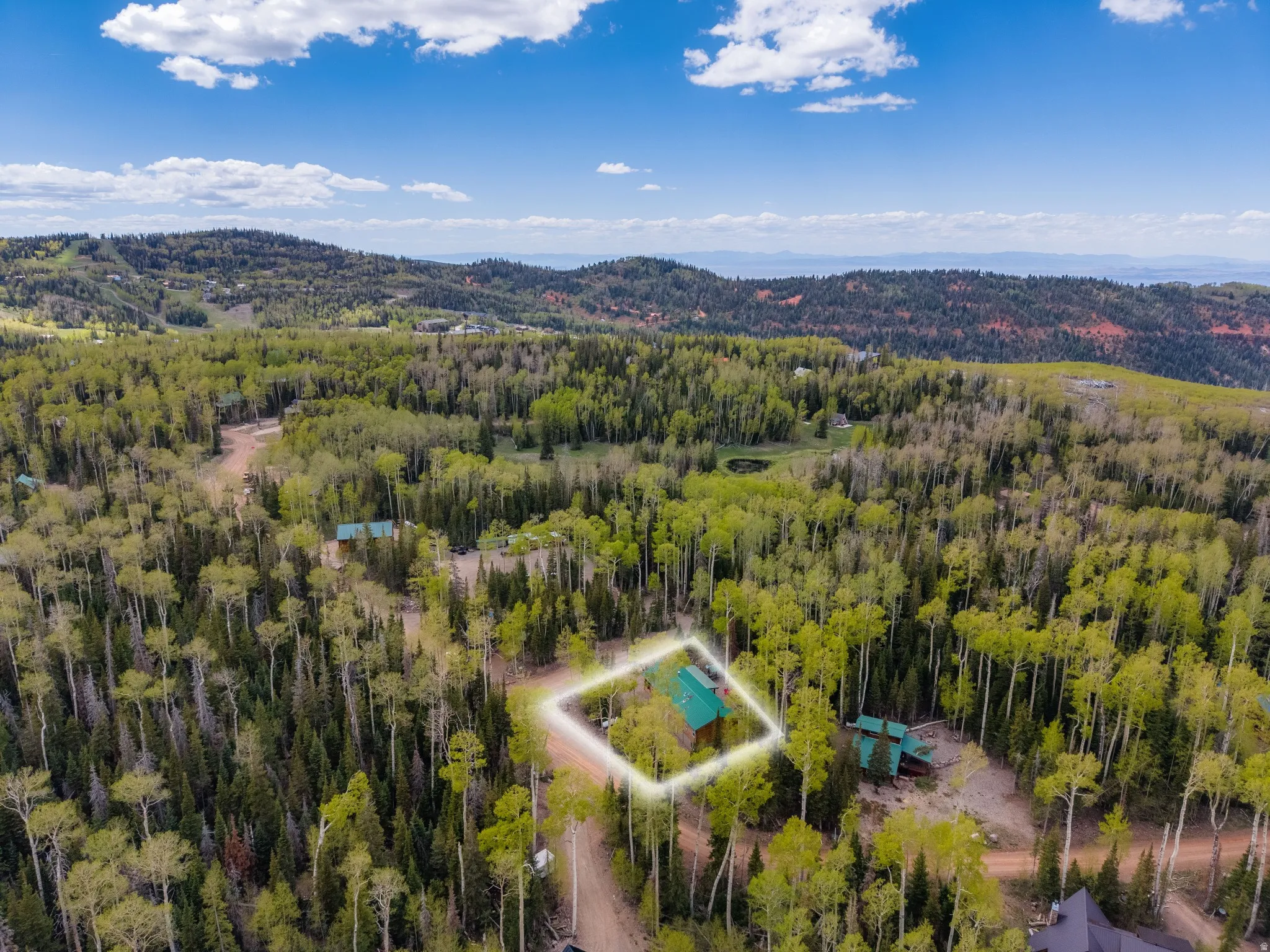 Cabin-style residence nestled among mature deciduous and evergreen trees, featuring a green metal roof
