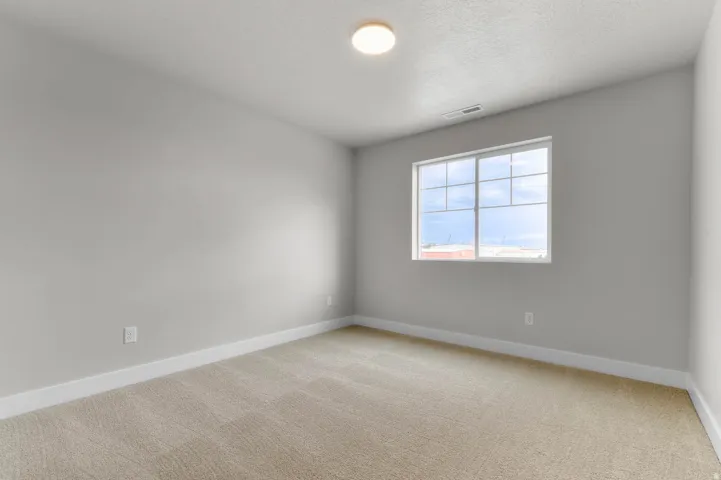 Carpeted room featuring a large window, neutral gray walls, white baseboards, and a flush mount ceiling light