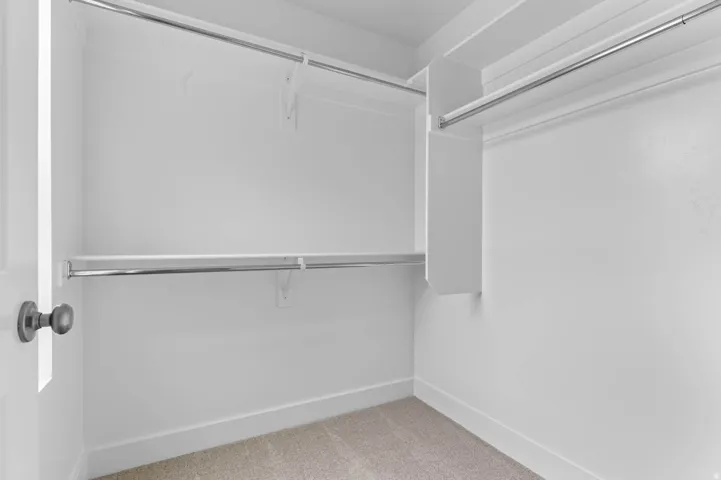 Walk-in closet featuring built-in shelving, chrome hanging rods, and neutral-toned carpeting
