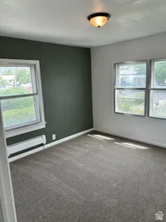 Carpeted interior space featuring multiple windows, a baseboard heating unit, and a flush mount ceiling light fixture
