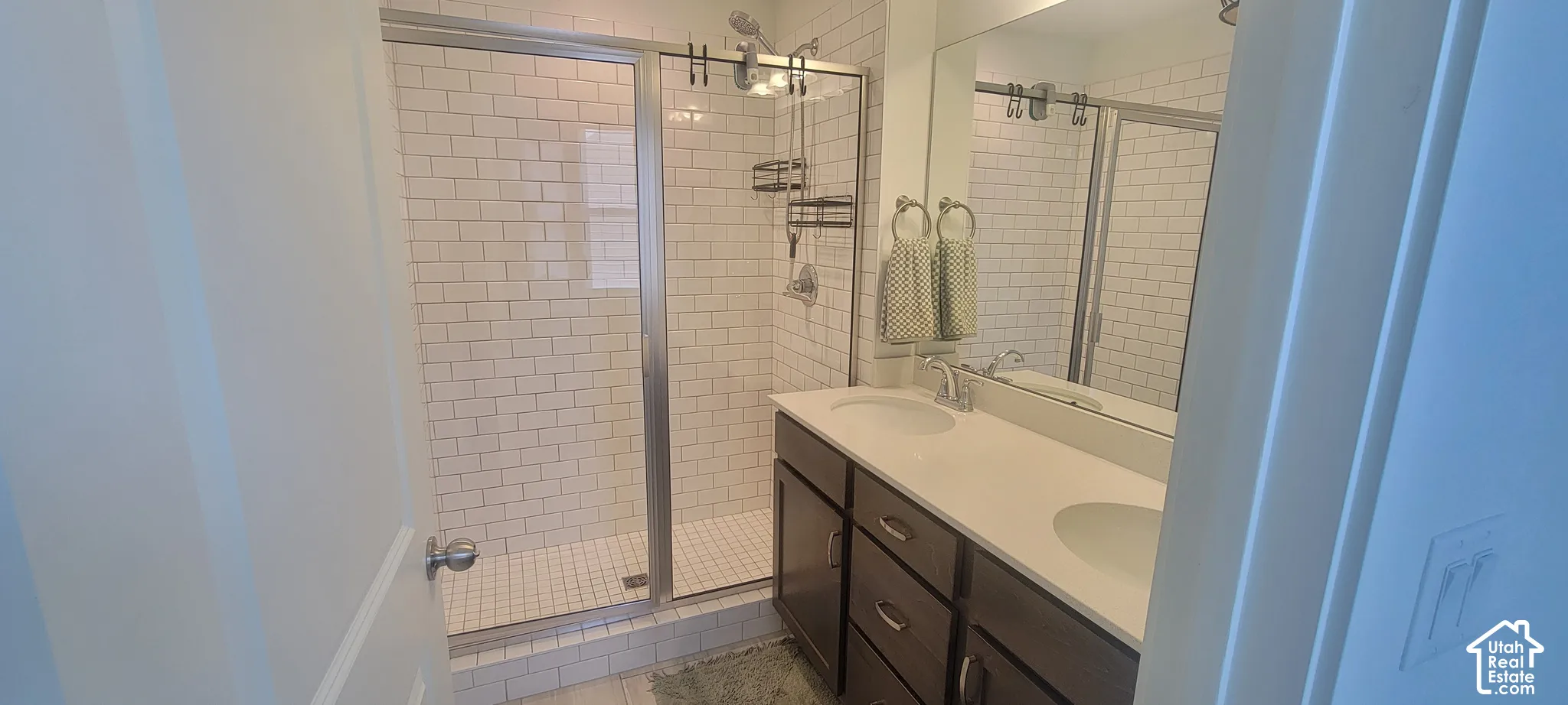 Master Bathroom with a dual-sink vanity featuring dark wood cabinetry and a light-colored countertop